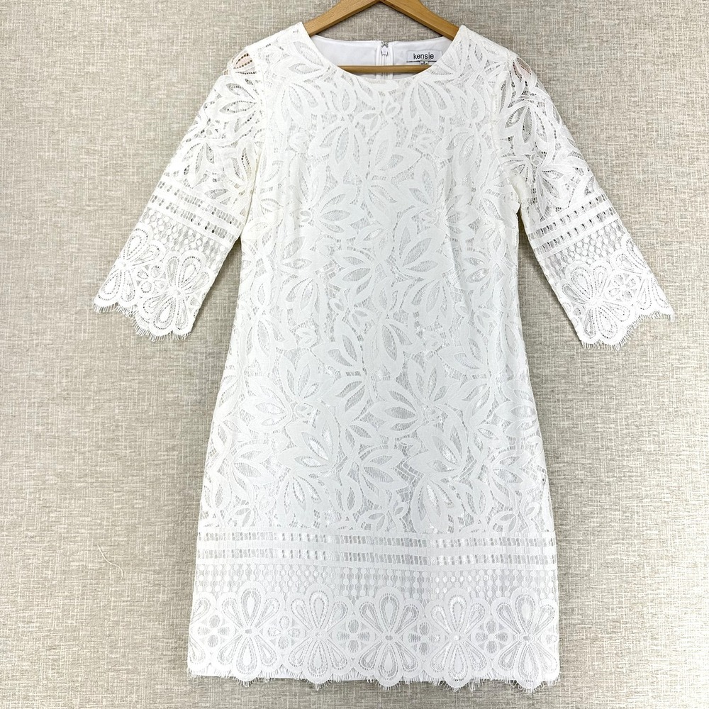Kensie Dress Womens‎ 8 Ivory Lace Shift 3/4 Sleeve Short Party Wedding